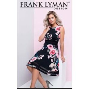 Frank Lyman‎ Floral Fit Flare Dress Women 14 Black Pink Mesh Hem 186285P Party